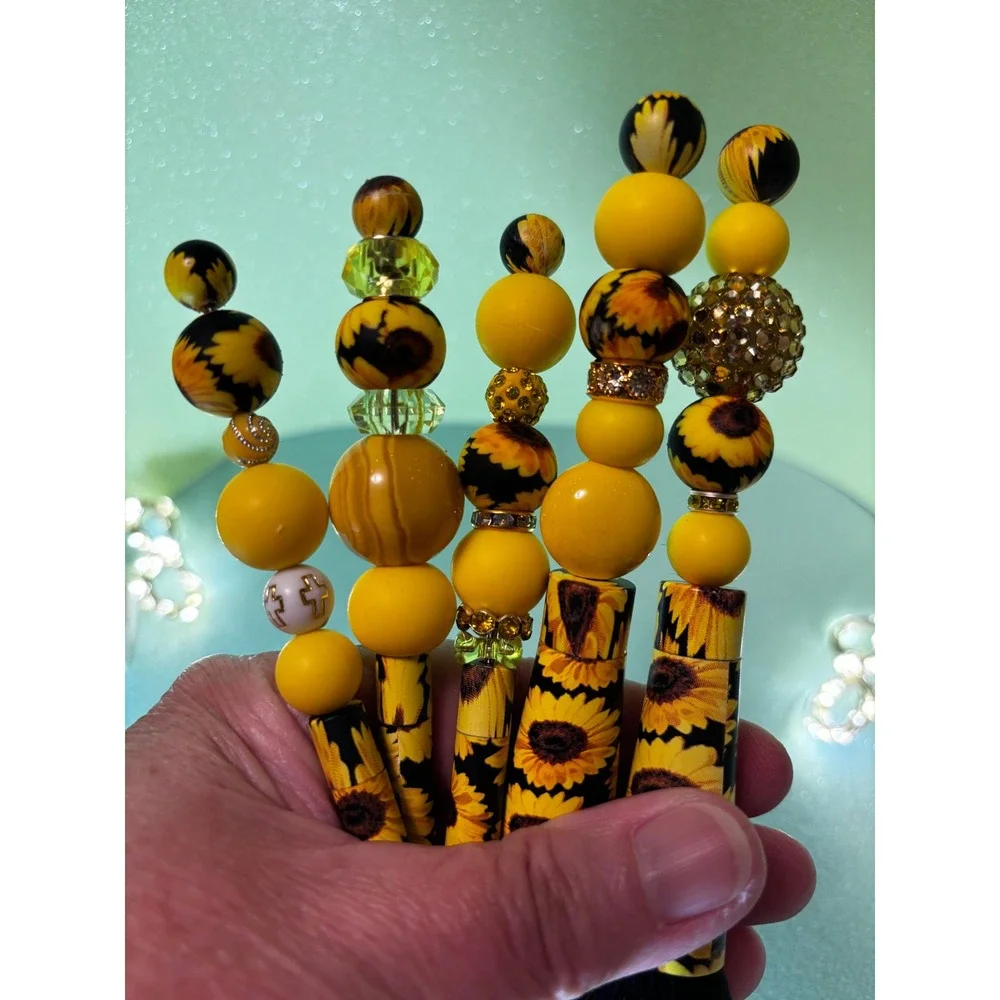 Sunflower Beaded Makeup Brush Set 5pc Yellow Floral Handcrafted Beauty Brushes